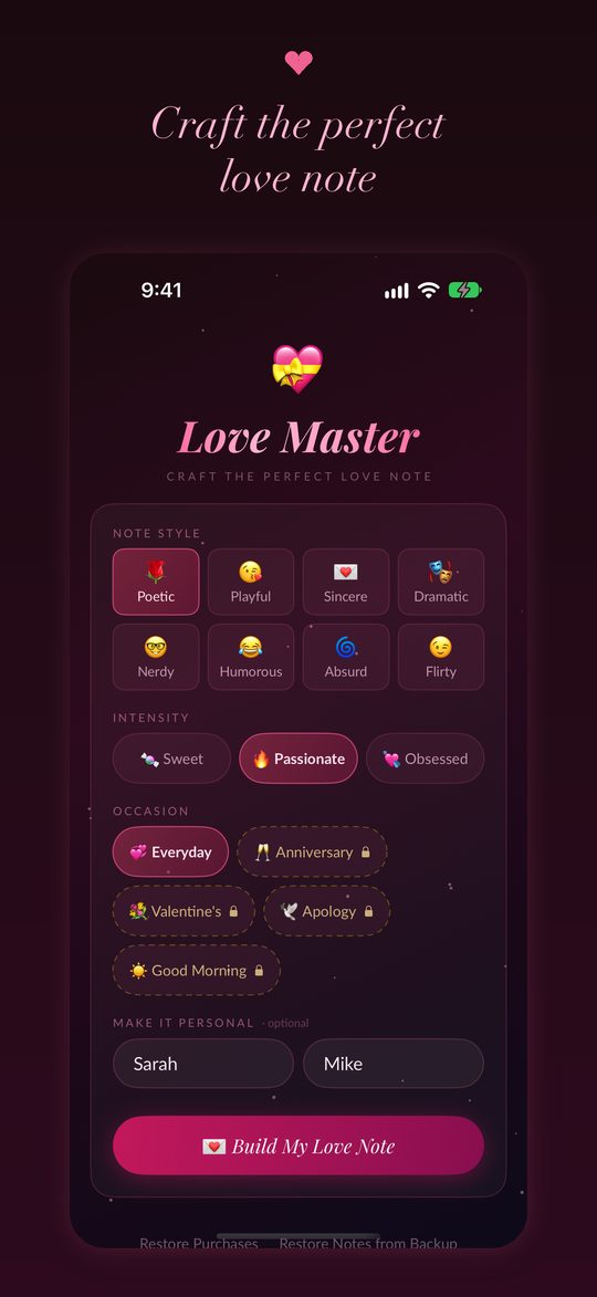 Love Master home screen: choose a style, intensity and occasion