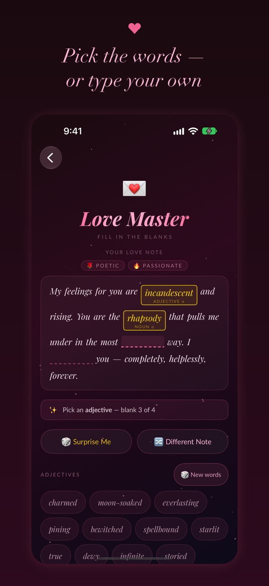 Picking words to fill in a love note