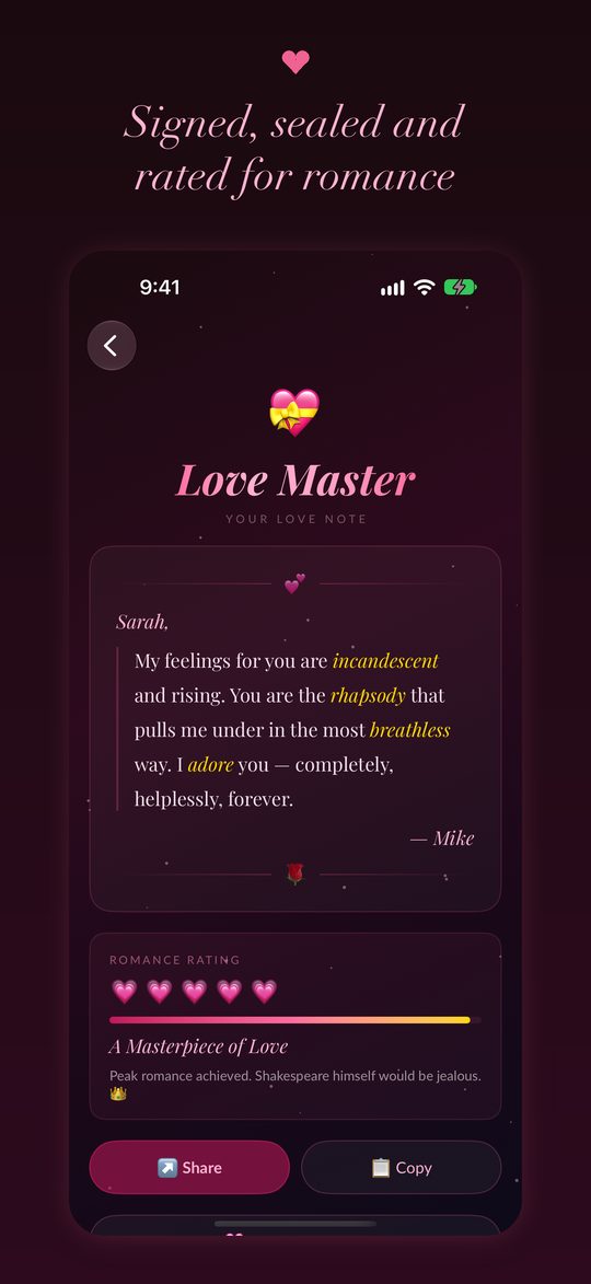 A finished love note with its romance rating